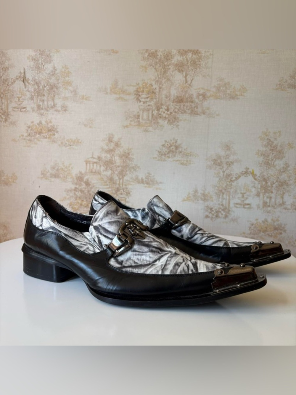 Fiesso by Aurelio Garcia Y2K Black Goth Metal Toe Leather Loafer Shoes 43